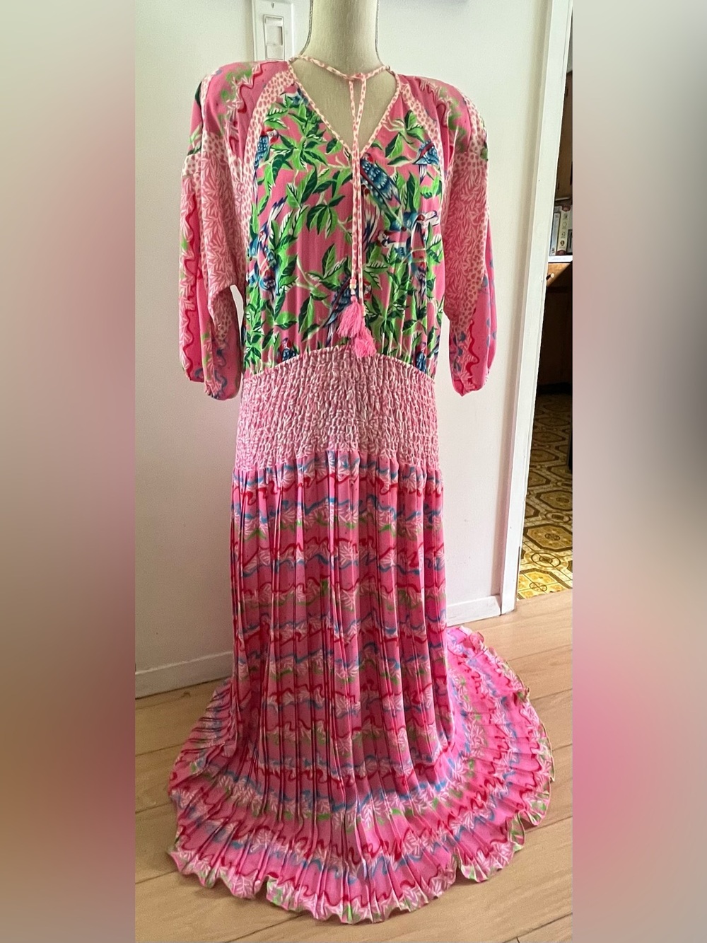 Vintage Diane Freis 80s Boho Smocked Maxi Dress Pink Floral Georgette OS